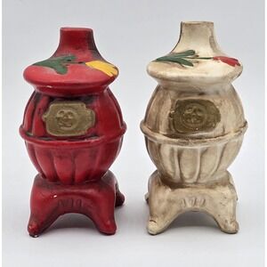 Vintage Ceramic Red White POT BELLY STOVE Ceramic Salt & Pepper Shakers S&P